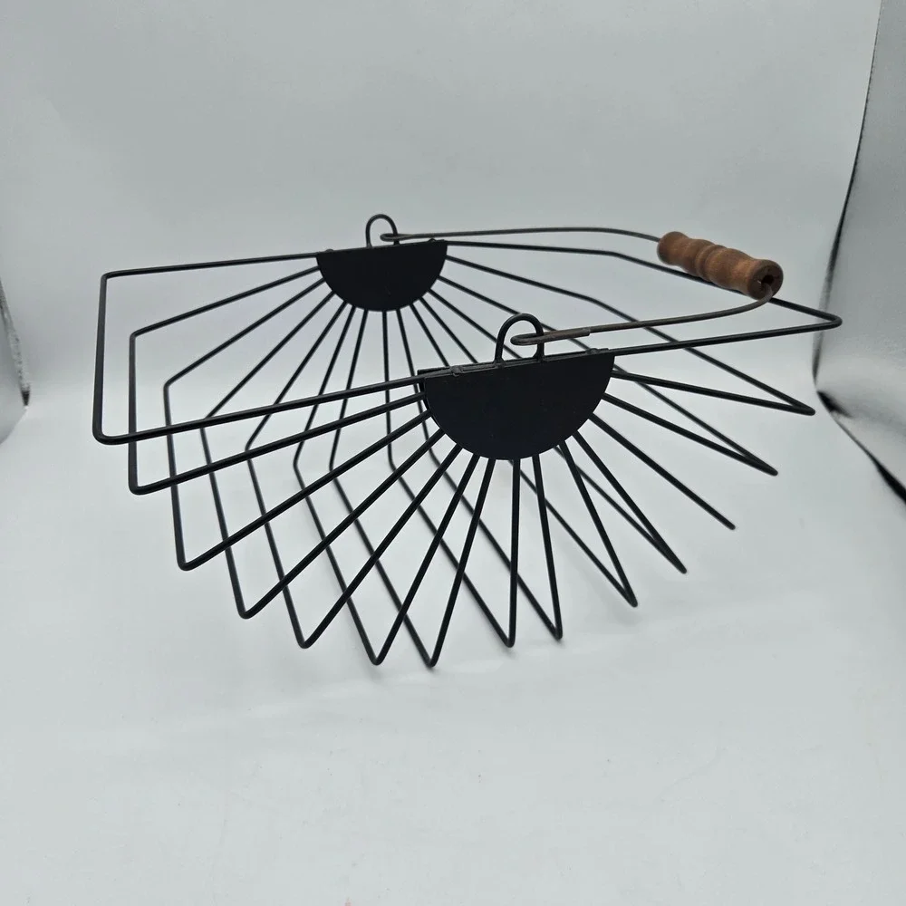 Vintage Wire Egg Fruit Basket with Wood Handle Black Metal Fan Design Farmhouse